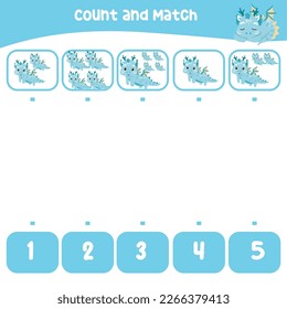 Count and match the images with the number worksheet for preschool kids. Educational printable math worksheet. Math game for children. Cute and kawaii baby dragon and unicorn edition. Vector file. 