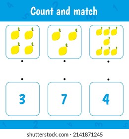 Count and match. Math activity game for kids. Lemons. Educational worksheet for children