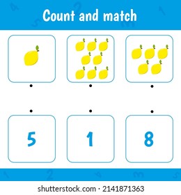 Count and match. Math activity game for kids. Lemons. Numbers