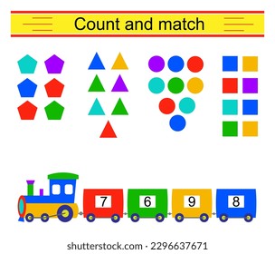 Count and match. Math activity for Count and match. Math problem for kids. Developing numeracy skills. Number range up to 10. Vector illustration.