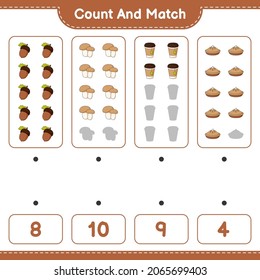 Count and match, count the number of Acorn, Tea Cup, Pie, Mushroom Boletus and match with the right numbers. Educational children game, printable worksheet, vector illustration