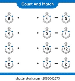 Count and match, count the number of Anchor and match with the right numbers. Educational children game, printable worksheet, vector illustration