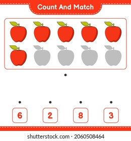 Zählen und übereinstimmen, zählen Sie die Anzahl von Apple und stimmen Sie mit den richtigen Zahlen überein. Kinderspiel, druckbares Arbeitsblatt, Vektorgrafik