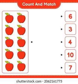 Contar y coincidir, contar el número de Apple y coincidir con los números correctos. Juego infantil educativo, hoja de cálculo imprimible, ilustración vectorial