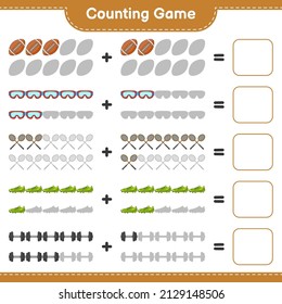 Count and match, count the number of Badminton Rackets, Dumbbell, Rugby Ball, Goggle, Soccer Shoes and match with the right numbers. Educational children game, printable worksheet, vector illustration