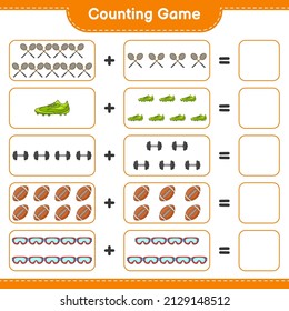 Count and match, count the number of Badminton Rackets, Dumbbell, Rugby Ball, Goggle, Soccer Shoes and match with the right numbers. Educational children game, printable worksheet, vector illustration