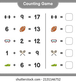 Count and match, count the number of Badminton Rackets, Dumbbell, Rugby Ball, Goggle, Soccer Shoes and match with the right numbers. Educational children game, printable worksheet, vector illustration