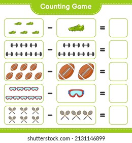Count and match, count the number of Badminton Rackets, Dumbbell, Rugby Ball, Goggle, Soccer Shoes and match with the right numbers. Educational children game, printable worksheet, vector illustration