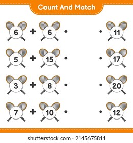 Count and match, count the number of Badminton Rackets and match with the right numbers. Educational children game, printable worksheet, vector illustration