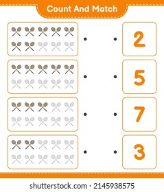 Cuenta y coteja, cuenta el número de raquetas Badminton y concuerda con los números correctos. Juego infantil educativo, hoja de cálculo imprimible, ilustración vectorial