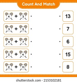 Cuenta y coteja, cuenta el número de raquetas Badminton y concuerda con los números correctos. Juego infantil educativo, hoja de cálculo imprimible, ilustración vectorial
