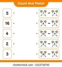 Cuenta y coteja, cuenta el número de raquetas Badminton y concuerda con los números correctos. Juego infantil educativo, hoja de cálculo imprimible, ilustración vectorial