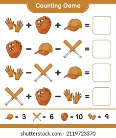 Count and match, count the number of Baseball Glove, Golf Gloves, Cap Hat, Baseball Bat and match with the right numbers. Educational children game, printable worksheet, vector illustration