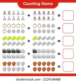 Count and match, count the number of Baseball Glove, Stopwatch, Tennis Ball, Dumbbell, Shuttlecock and match with the right numbers. Educational children game, printable worksheet, vector illustration