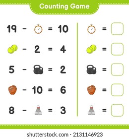 Count and match, count the number of Baseball Glove, Stopwatch, Tennis Ball, Dumbbell, Shuttlecock and match with the right numbers. Educational children game, printable worksheet, vector illustration