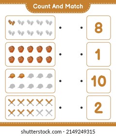 Count and match, count the number of Baseball Glove, Golf Gloves, Cap Hat, Baseball Bat and match with the right numbers. Educational children game, printable worksheet, vector illustration