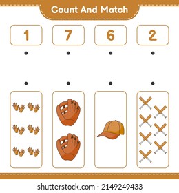 Cuenta y coteja, cuenta el número de guantes de béisbol, guantes de golf, gorro de gorro, batas de béisbol y coincide con los números correctos. Juego infantil educativo, hoja de cálculo imprimible, ilustración vectorial