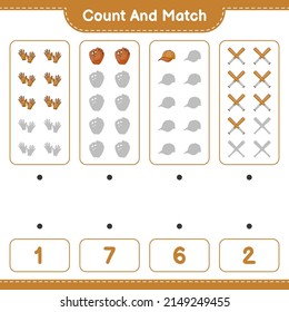 Count and match, count the number of Baseball Glove, Golf Gloves, Cap Hat, Baseball Bat and match with the right numbers. Educational children game, printable worksheet, vector illustration