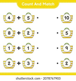 Count and match, count the number of Beach Bag and match with the right numbers. Educational children game, printable worksheet, vector illustration