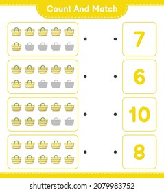 Cuenta y coteja, cuenta el número de Beach Bag y concuerda con los números correctos. Juego infantil educativo, hoja de cálculo imprimible, ilustración vectorial