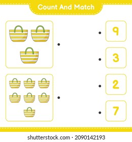Cuenta y coteja, cuenta el número de Beach Bag y concuerda con los números correctos. Juego infantil educativo, hoja de cálculo imprimible, ilustración vectorial