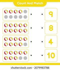Cuenta y coteja, cuenta el número de Beach Ball y concuerda con los números correctos. Juego infantil educativo, hoja de cálculo imprimible, ilustración vectorial