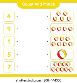 Count and match, count the number of Beach Ball and match with the right numbers. Educational children game, printable worksheet, vector illustration