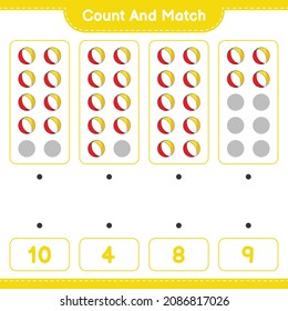 Count and match, count the number of Beach Ball and match with the right numbers. Educational children game, printable worksheet, vector illustration