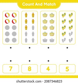 Count and match, count the number of Beach Ball, Sunscreen, Beach Bag, Flip Flop and match with the right numbers. Educational children game, printable worksheet, vector illustration