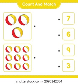 Cuenta y coteja, cuenta el número de Beach Ball y concuerda con los números correctos. Juego infantil educativo, hoja de cálculo imprimible, ilustración vectorial