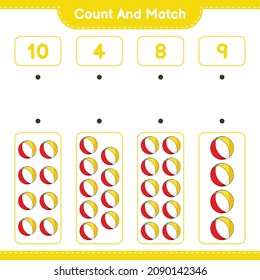 Count and match, count the number of Beach Ball and match with the right numbers. Educational children game, printable worksheet, vector illustration