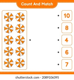 Count and match, count the number of Beach Umbrella and match with the right numbers. Educational children game, printable worksheet, vector illustration