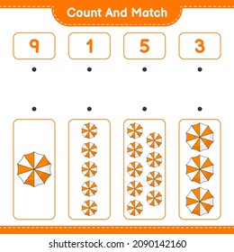 Count and match, count the number of Beach Umbrella and match with the right numbers. Educational children game, printable worksheet, vector illustration