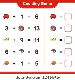 Count and match, count the number of Bicycle Helmet, Boxing Gloves, Cap Hat, Volleyball, Sneaker and match with the right numbers. Educational children game, printable worksheet, vector illustration