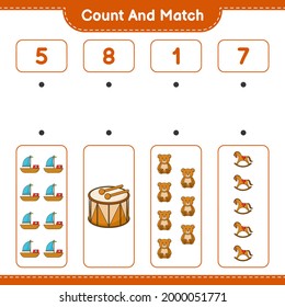 Count and match, count the number of Boat, Drum, Teddy Bear, Rocking Horse and match with the right numbers. Educational children game, printable worksheet, vector illustration