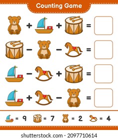 Count and match, count the number of Boat, Drum, Teddy Bear, Rocking Horse and match with the right numbers. Educational children game, printable worksheet, vector illustration