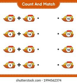 Contar y coincidir, contar el número de Boat y coincidir con los números correctos. Juego infantil educativo, hoja de cálculo imprimible, ilustración vectorial