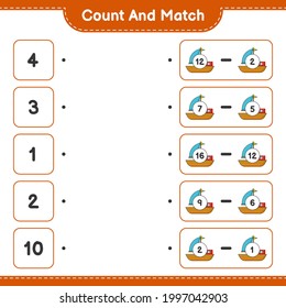 Contar y coincidir, contar el número de Boat y coincidir con los números correctos. Juego infantil educativo, hoja de cálculo imprimible, ilustración vectorial