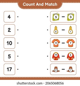 Count and match, count the number of Book, Butternut Squash, T-shirt, Warm Clothes, Hat and match with the right numbers. Educational children game, printable worksheet, vector illustration