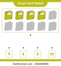 Contar y coincidir, contar el número de Libro y coincidir con los números correctos. Juego infantil educativo, hoja de cálculo imprimible, ilustración vectorial