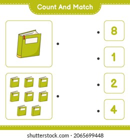 Contar y coincidir, contar el número de Libro y coincidir con los números correctos. Juego infantil educativo, hoja de cálculo imprimible, ilustración vectorial