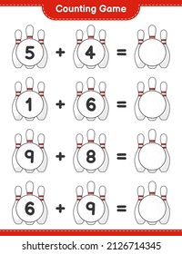 Cuenta y coincide, cuenta el número de Bowling Pin y concuerda con los números correctos. Juego infantil educativo, hoja de cálculo imprimible, ilustración vectorial