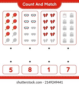 Count and match, count the number of Bowling Pin, Goggle, Ping Pong Racket, Goalkeeper Gloves and match with the right numbers. Educational children game, printable worksheet, vector illustration