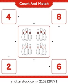Count and match, count the number of Bowling Pin and match with the right numbers. Educational children game, printable worksheet, vector illustration