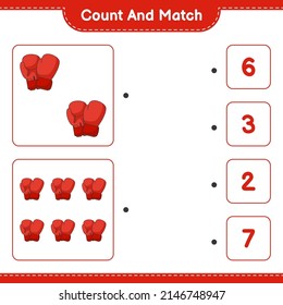 Count and match, count the number of Boxing Gloves and match with the right numbers. Educational children game, printable worksheet, vector illustration