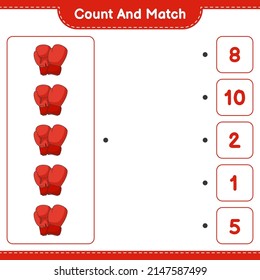 Count and match, count the number of Boxing Gloves and match with the right numbers. Educational children game, printable worksheet, vector illustration