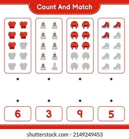 Count and match, count the number of Boxing Gloves, Shuttlecock, Boxing Helmet, Ice Skates and match with the right numbers. Educational children game, printable worksheet, vector illustration