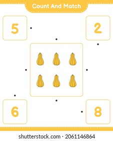 Count and match, count the number of Butternut Squash and match with the right numbers. Educational children game, printable worksheet, vector illustration