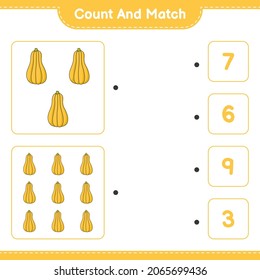 Contar y hacer coincidir, contar el número de Squash de marihuana y coincidir con los números correctos. Juego infantil educativo, hoja de cálculo imprimible, ilustración vectorial