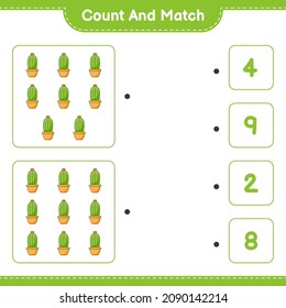 Contar y coincidir, contar el número de Cactus y coincidir con los números correctos. Juego infantil educativo, hoja de cálculo imprimible, ilustración vectorial